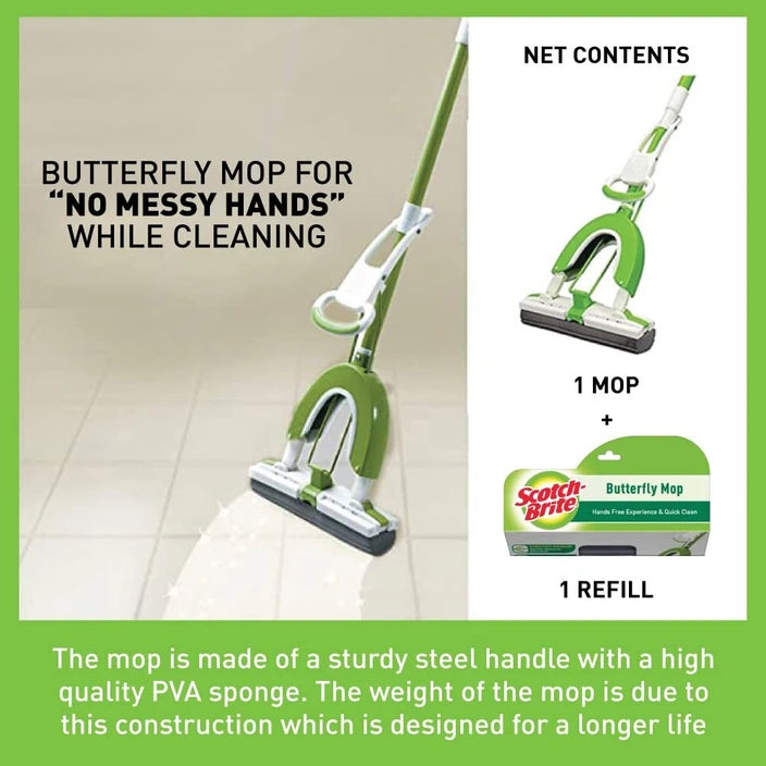 Butterfly Sponge Mop with Stainless Steel Handle | Wet & Dry Roller Mop for Floor and Bathroom Cleaning