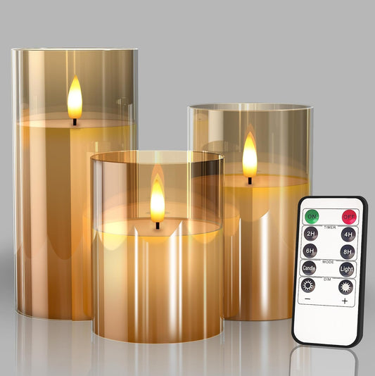 Flameless LED Candles with Remote Controller & Timer | Golden Acrylic Fiber Glass | Set of 3 |