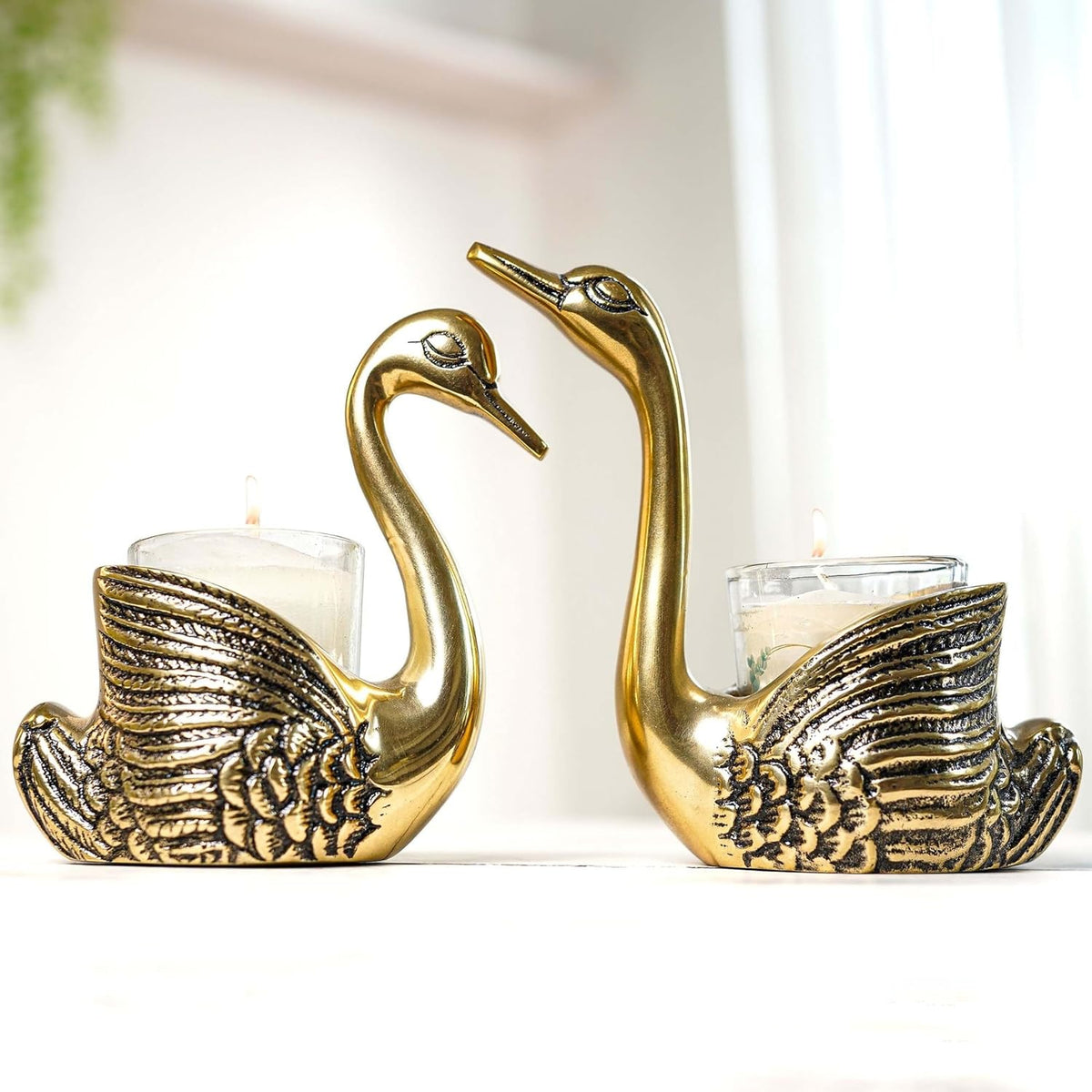 Pair of Swan Candle Holder with Giftbox for Home Decor, Gold