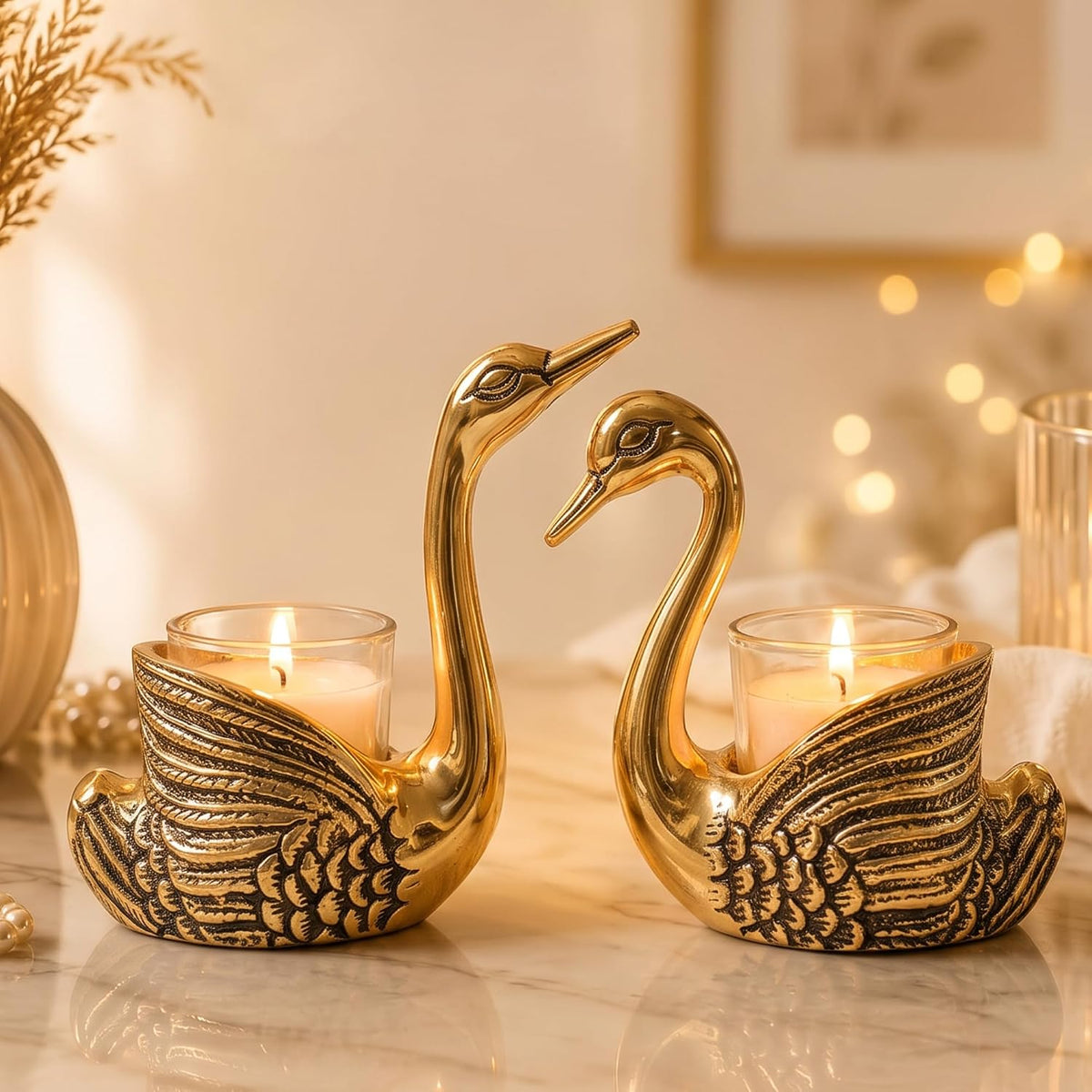 Pair of Swan Candle Holder with Giftbox for Home Decor, Gold