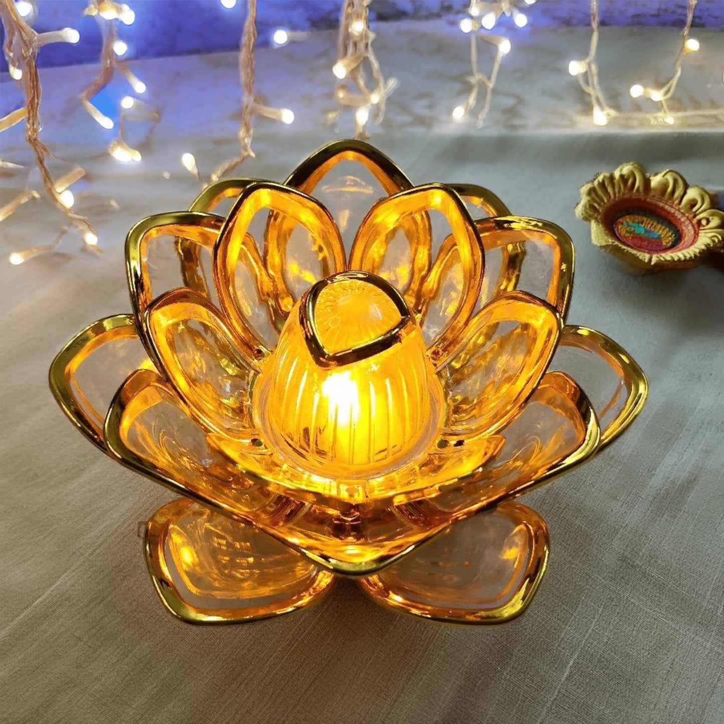 Crystal Lotus LED Diya for Home, Mandir & Diwali Decor